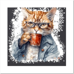 Grumpy Hangover Cat in Glasses Coffee Cup Posters and Art